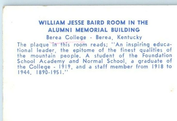 Berea KY, William Jesse Baird Room Interior Memorial Building College Postcard