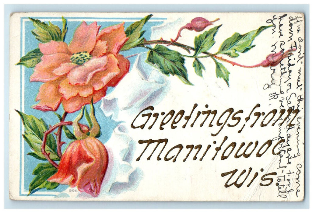 1909 Greetings from Manitowoc Wisconsin WI Posted Antique Floral Postcard