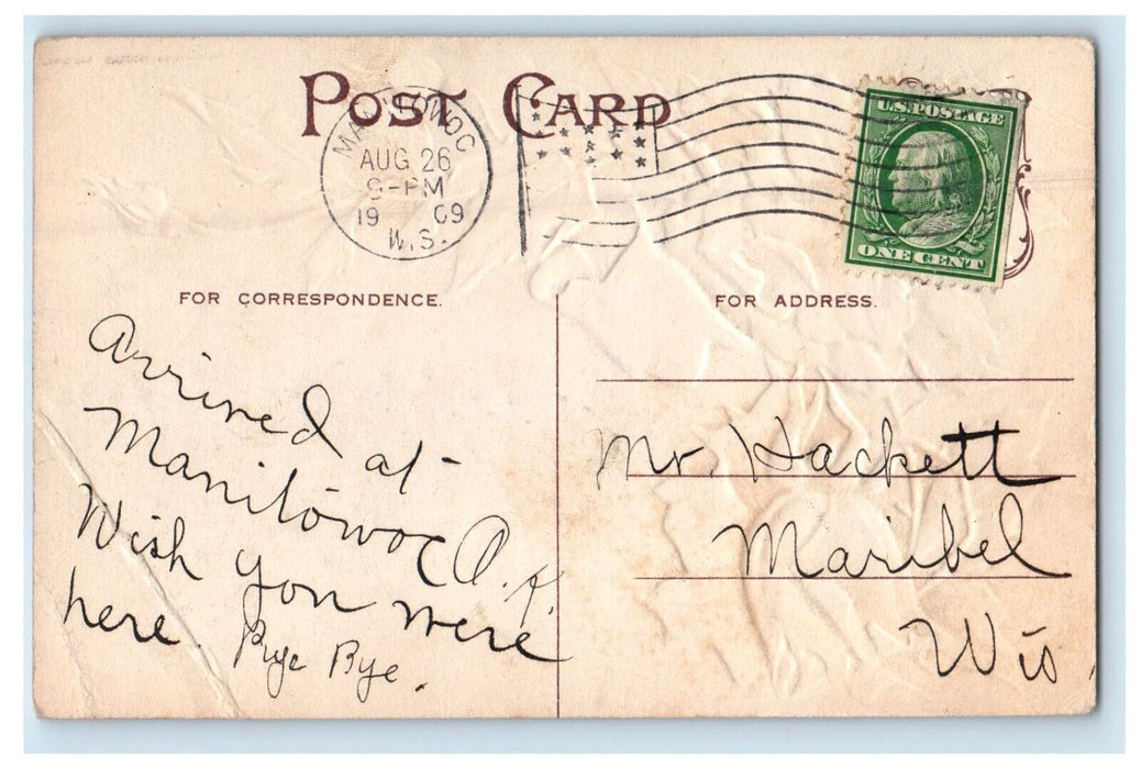 1909 Greetings from Manitowoc Wisconsin WI Posted Antique Floral Postcard