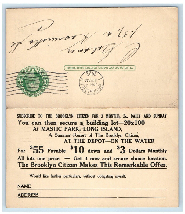1922 The Brooklyn Citizen Subscription Lot Long Island NY Advertising Postcard