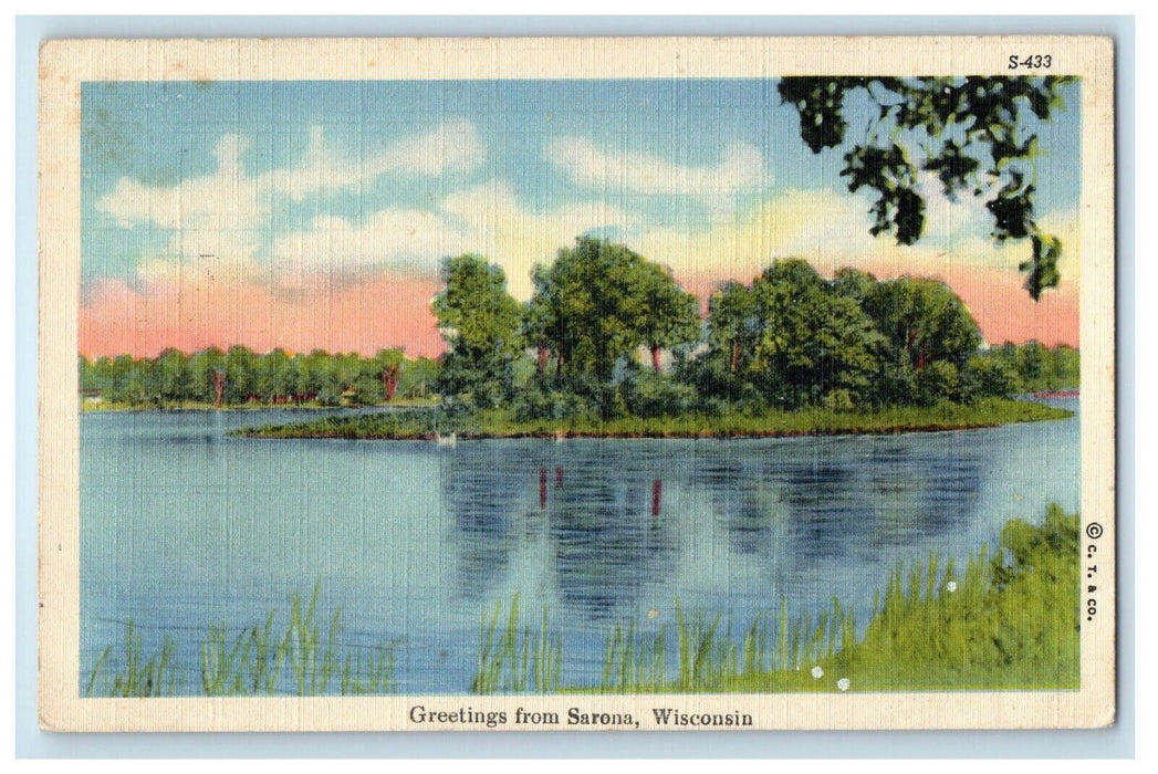1946 Greetings From Sarona Wisconsin WI, Lake View Vintage Postcard