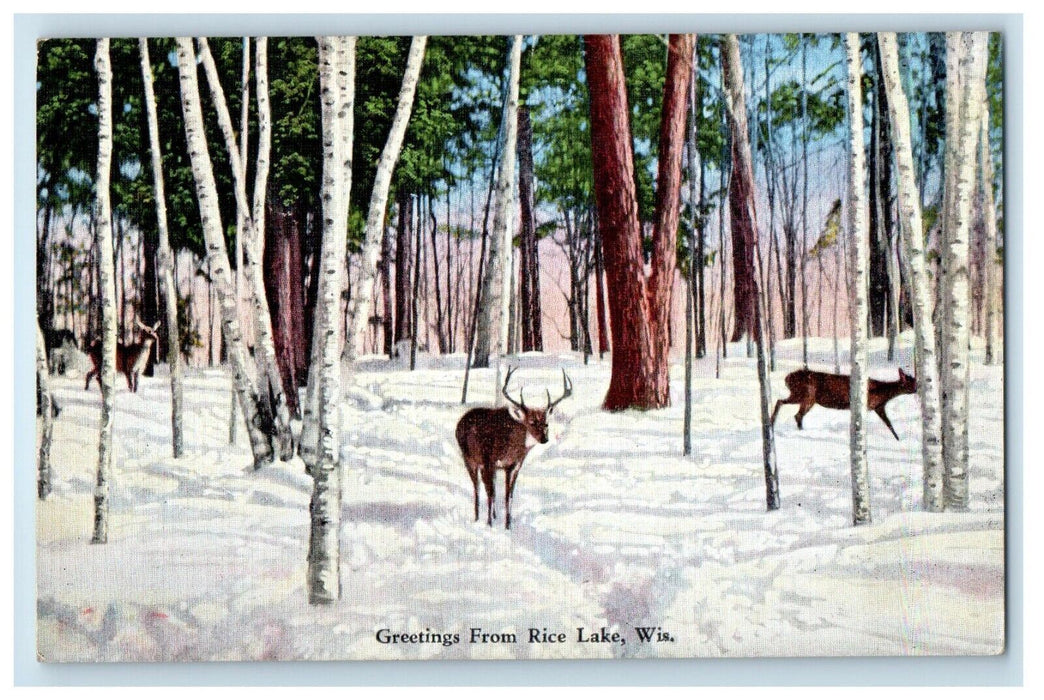 1941 Greetings From Rice Lake Wisconsin WI, Three Deers In The Snow Postcard