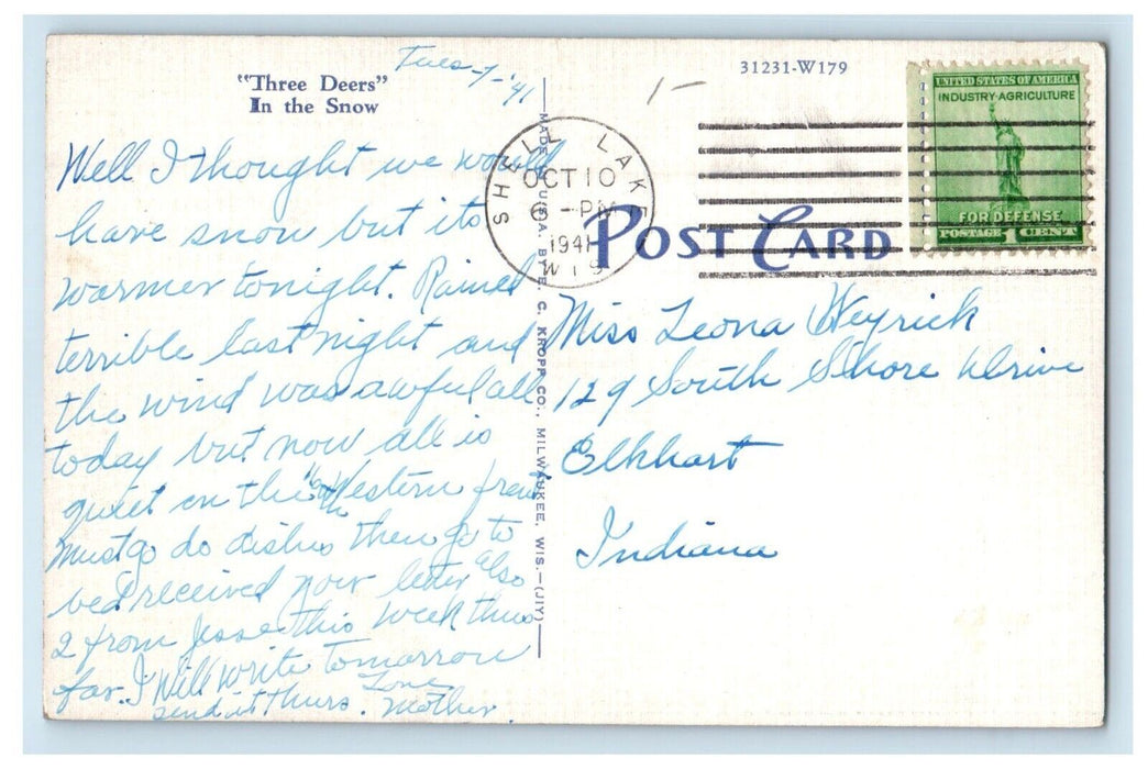 1941 Greetings From Rice Lake Wisconsin WI, Three Deers In The Snow Postcard