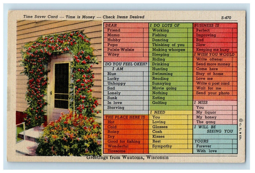 Greetings From Wautoma Wisconsin WI, Time Saver Card Unposted Postcard
