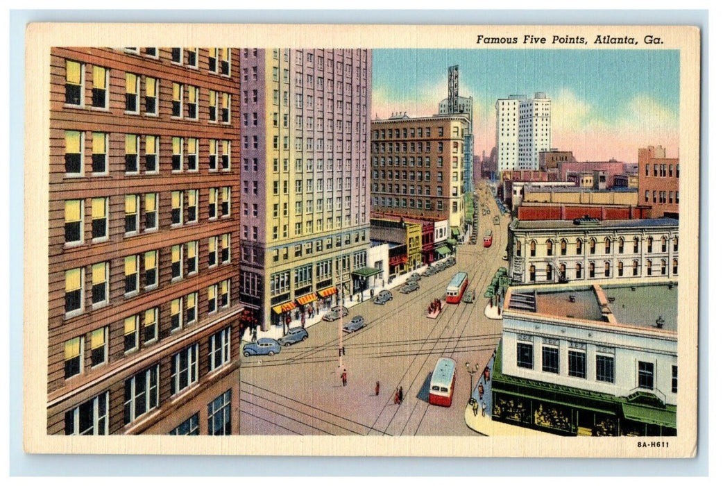c1930's View Of Famous Five Points Trolley Cars Atlanta Georgia GA Postcard
