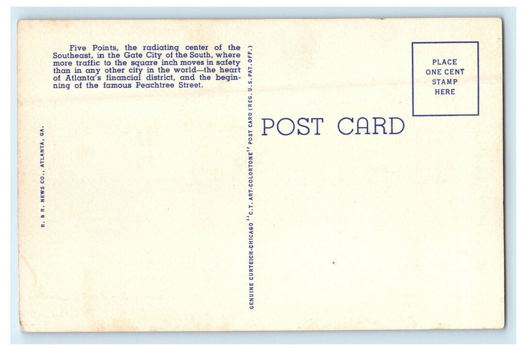 c1930's View Of Famous Five Points Trolley Cars Atlanta Georgia GA Postcard