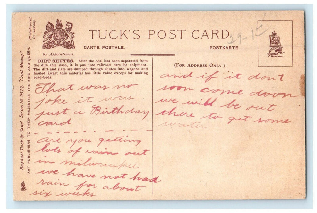 1909 Mules Carrying Coal Mining Dirt Shutes Antique Posted Tuck Postcard
