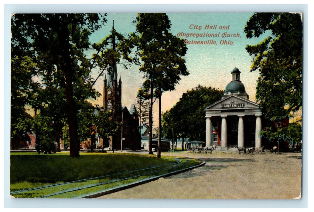 c1910s City Hall and Congregational Church Painesville, Ohio OH Postcard