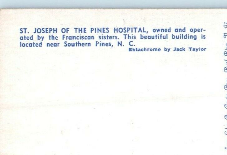 c1950's St. Joseph Pines Hospital Building South Pines North Carolina Postcard