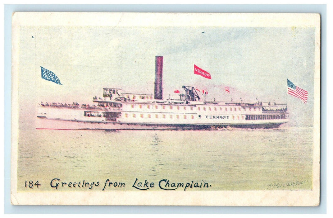c1910's Greetings From Lake Champlain Steamer Ship S.R. Stoddard Postcard