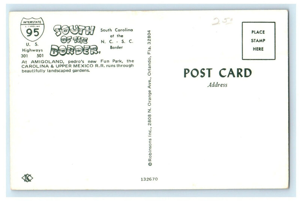 Amigoland  Pedro's New Fun Park Railroad Train South Border SC Postcard