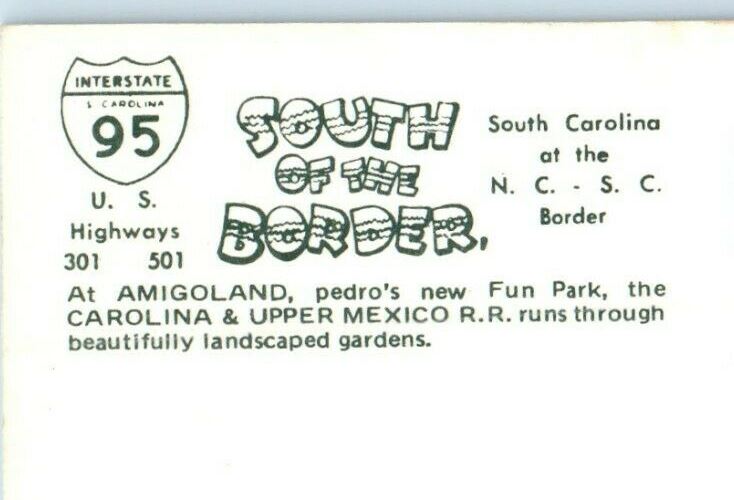 Amigoland  Pedro's New Fun Park Railroad Train South Border SC Postcard