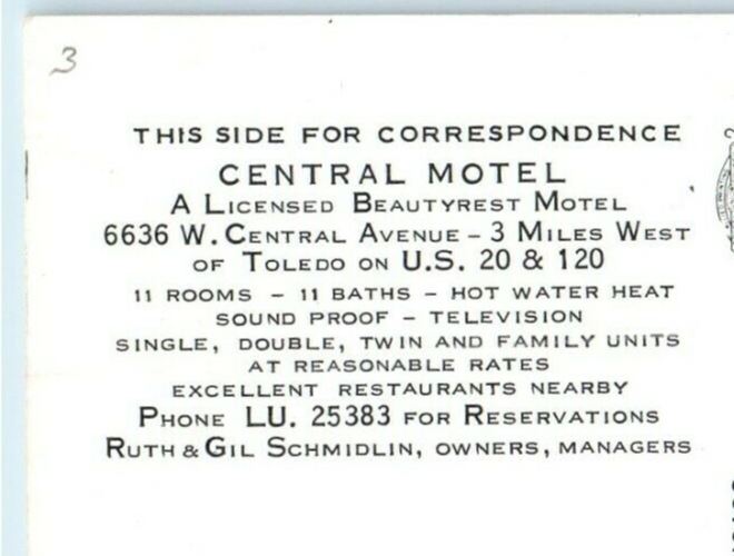 1956 View Of The Central Motel Toledo Ohio OH Unposted Vintage Postcard