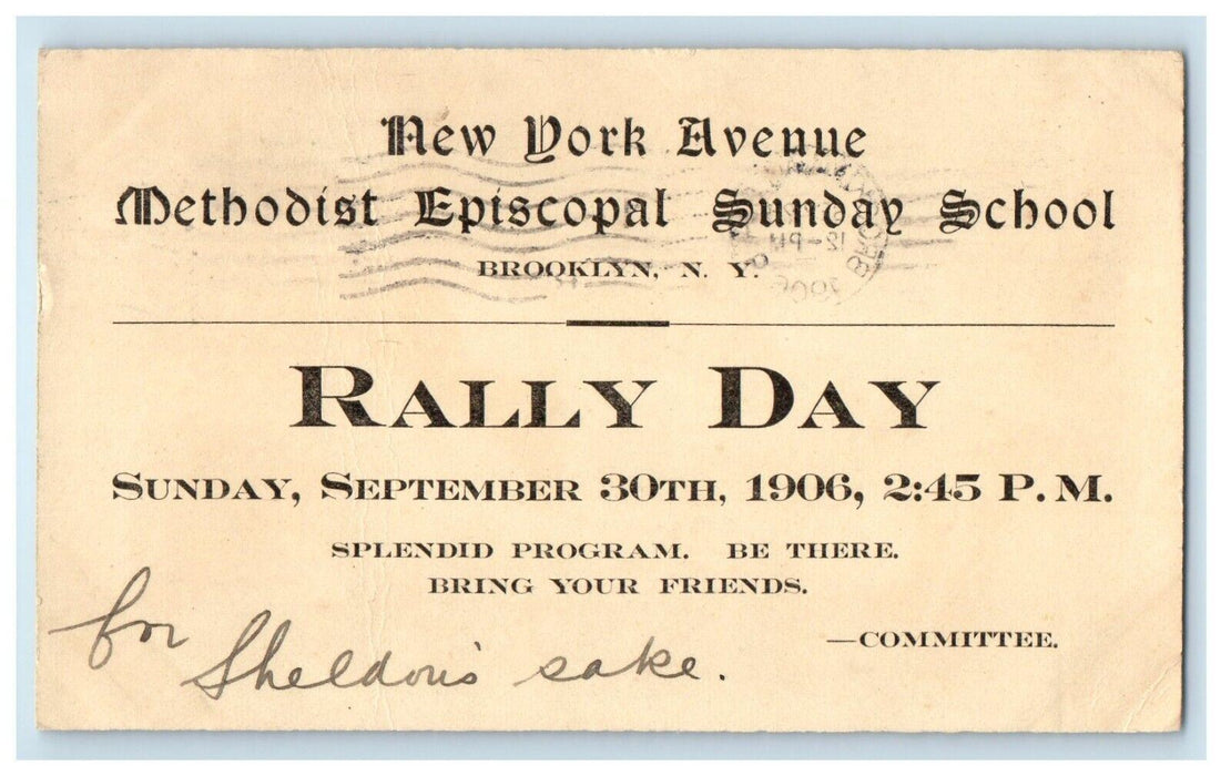 1906 Brooklyn NY, Methodist Episcopal Church Rally Day Advertising Postcard
