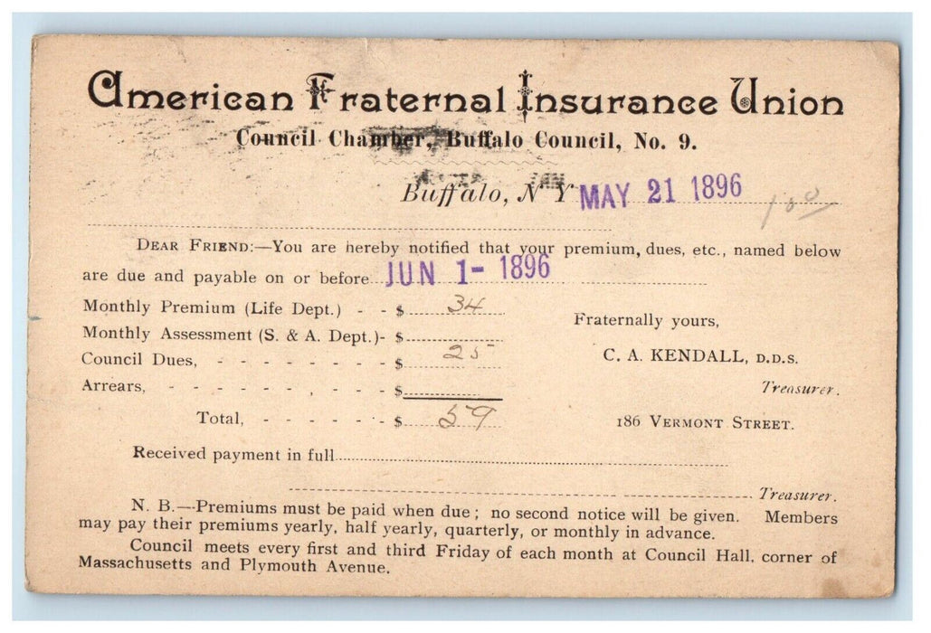 1896 American Fraternal Insurance Union Buffalo NY Advertising Postcard