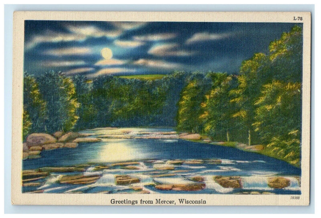 Greetings From Mercer Wisconsin WI, River Moonlight View Vintage Postcard