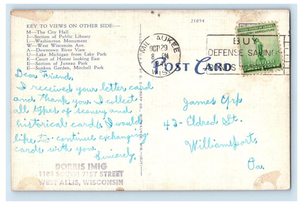 1941 Greetings From Milwaukee Wisconsin WI, Large Letters Postcard