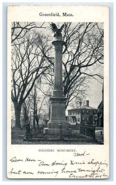 1904 Soldiers Monument Greenfield Massachusetts MA Posted PMC Postcard