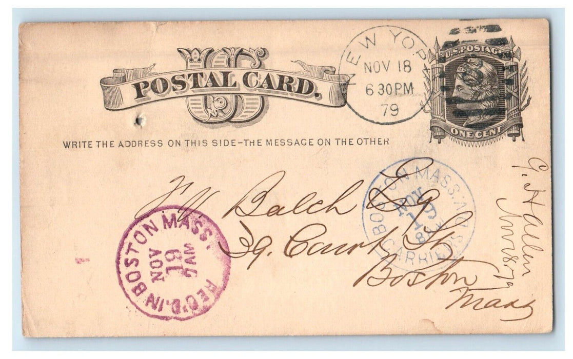 1879 Boston Carriers Division Letter Cover New York NY Postcard
