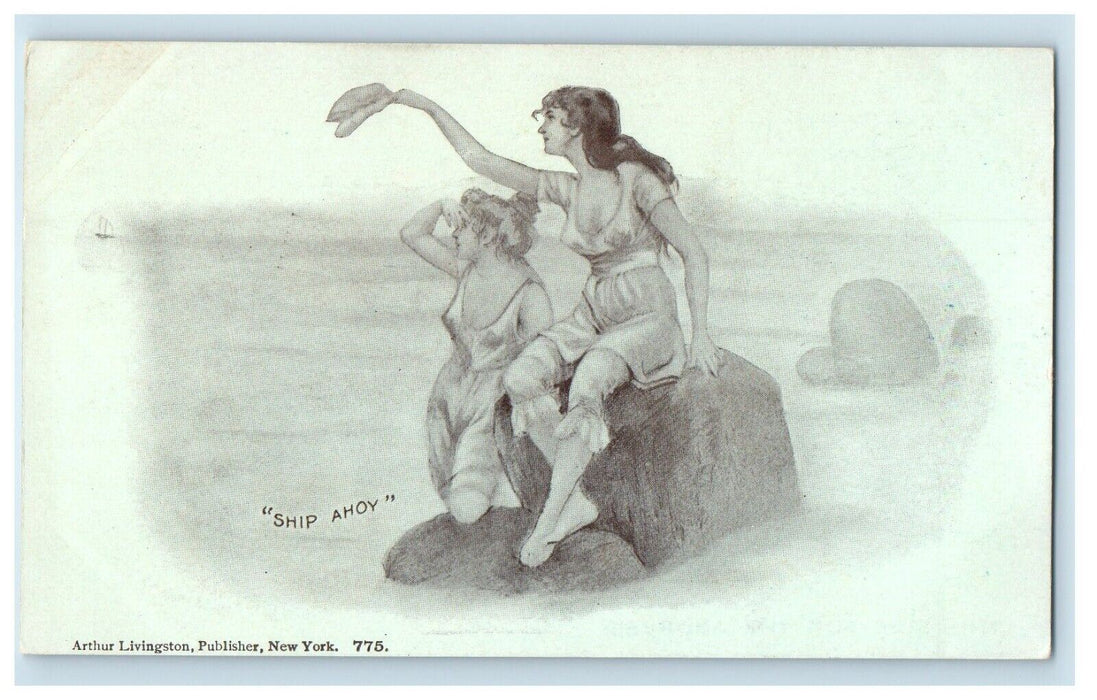 Ship Ahoy Girls Sitting On The Rocks NY Arthur Livingston Advertising Postcard