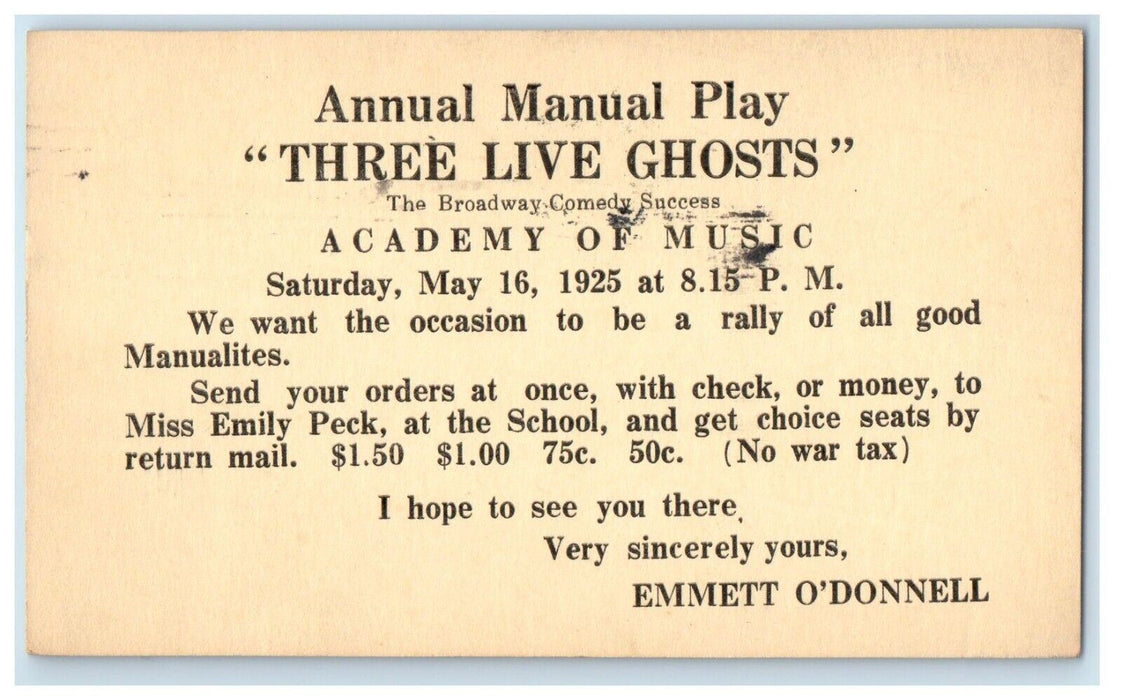 1925 Annual Manual Pay Three Live Ghost Brooklyn New York Advertising Postcard