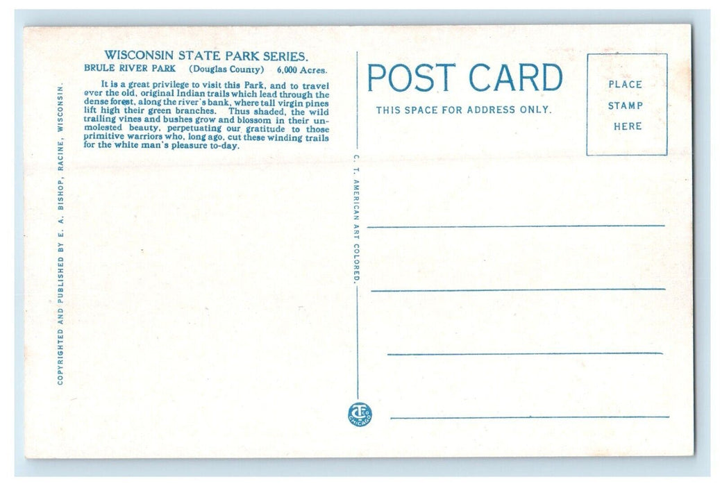 Brule Rivers State Park Wisconsin, Along The Old Indian Trails Antique Postcard