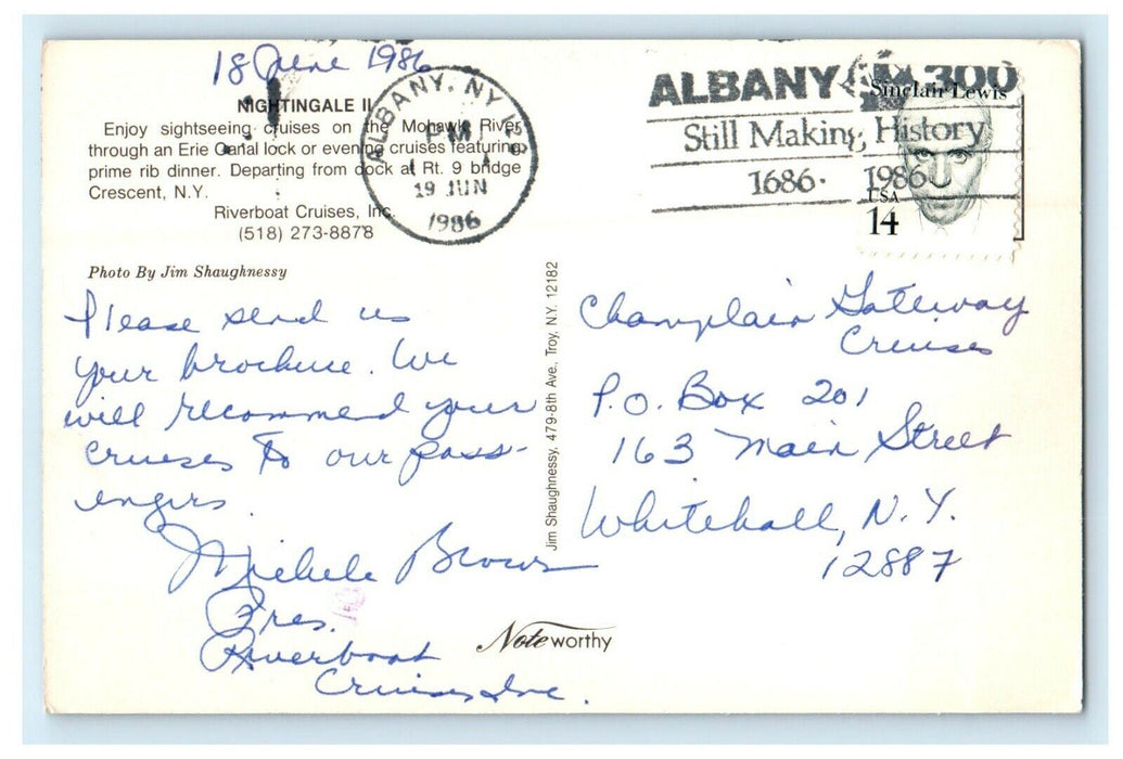 1986 Nightingale II Riverboat Cruises Mohawk River Crescent New York NY Postcard