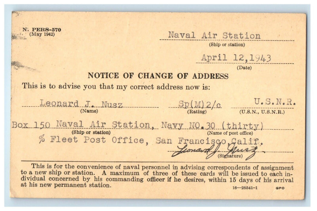 1943 Naval Air Station Change Address San Francisco CA Advertising Postcard