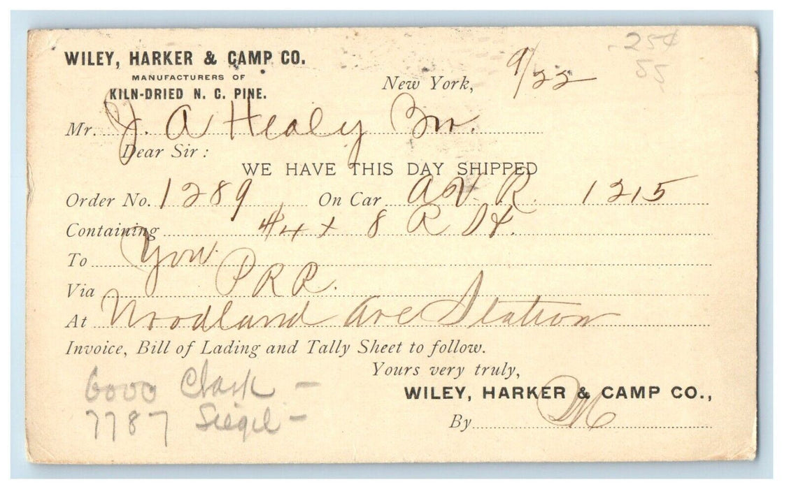 1905 Wiley Harker & Camp Co. Shipped Record Madison NY Advertising Postcard