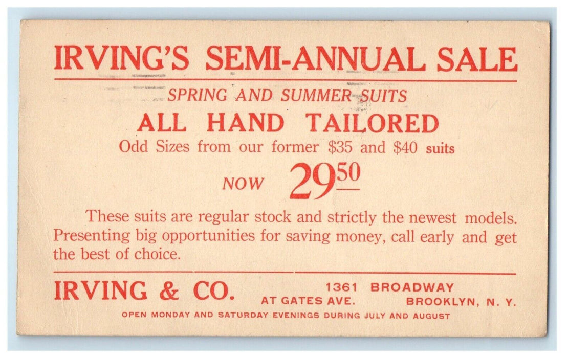 1921 Irvings & Co. Semi Annual Sale Brooklyn New York Advertising Postcard
