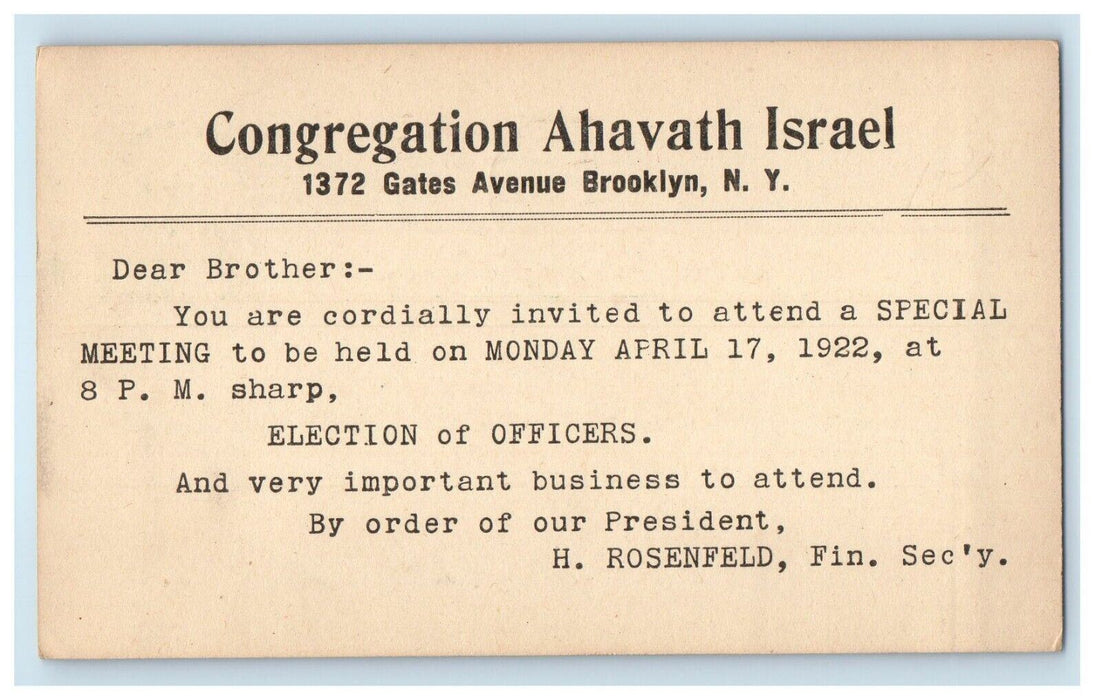 1922 Congregational Ahavath Israel Brooklyn New York NY Advertising Postcard