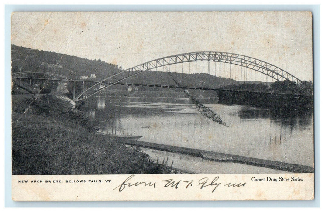 1907 New Arch Bridge, Bellows Falls Vermont VT North Clarendon VT Postcard