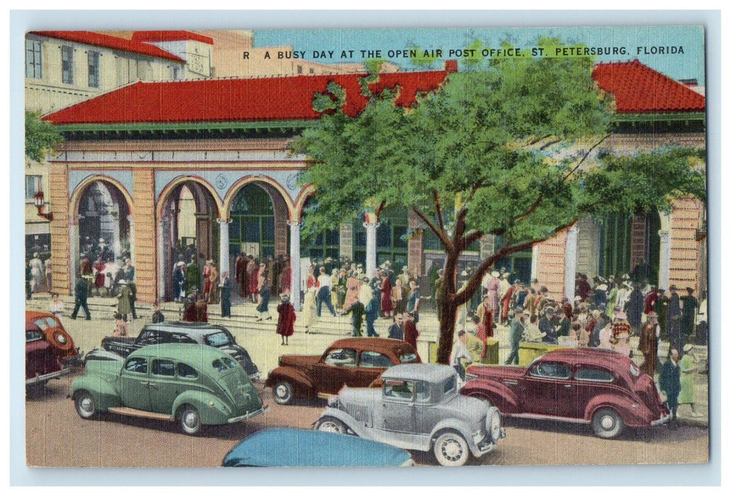 1948 Busy Day Open Air Post Office Cars St. Petersburg Florida FL Postcard