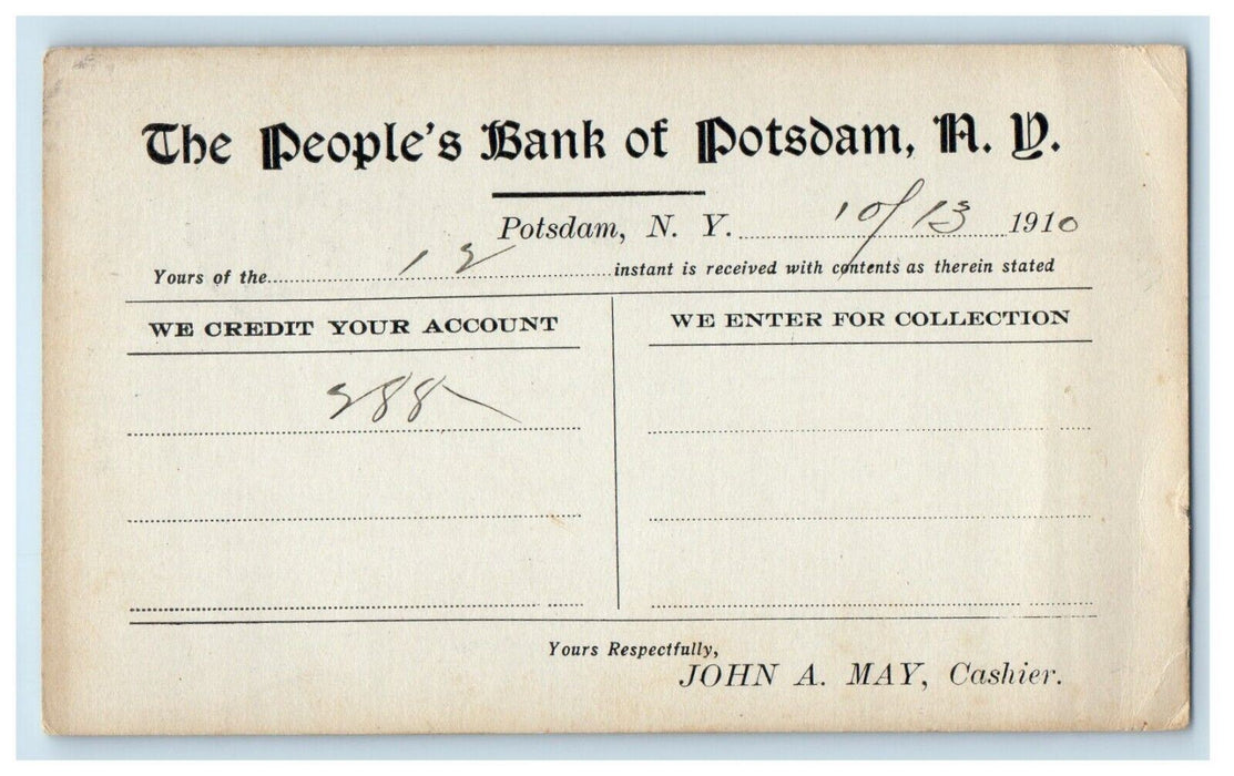 1910 The People's Bank of Potsdam New York NY Advertising Postcard