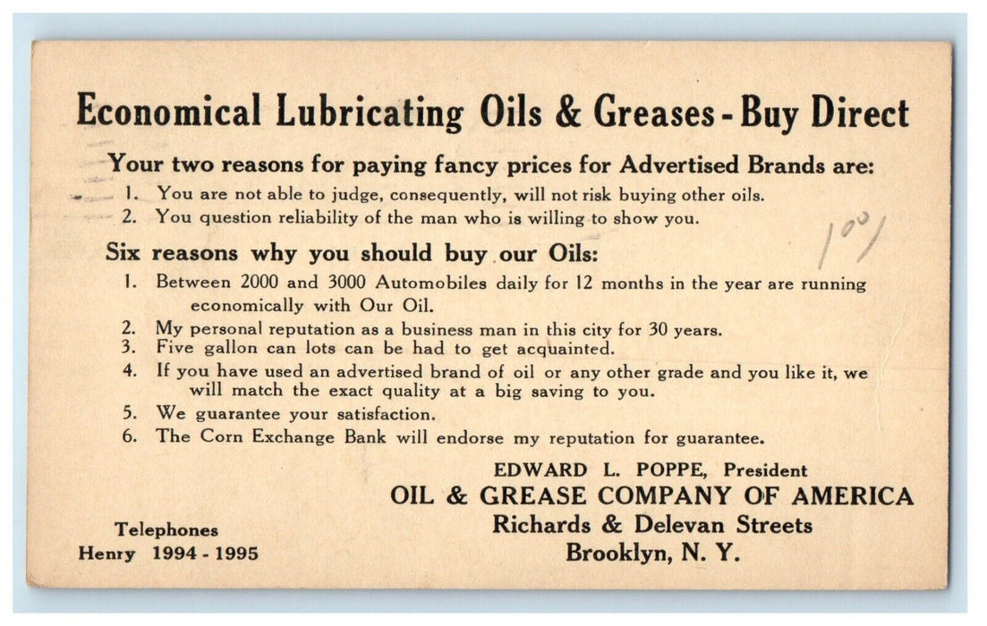 1926 Economical Lubricating Oils & Greases Brooklyn NY Advertising Postcard