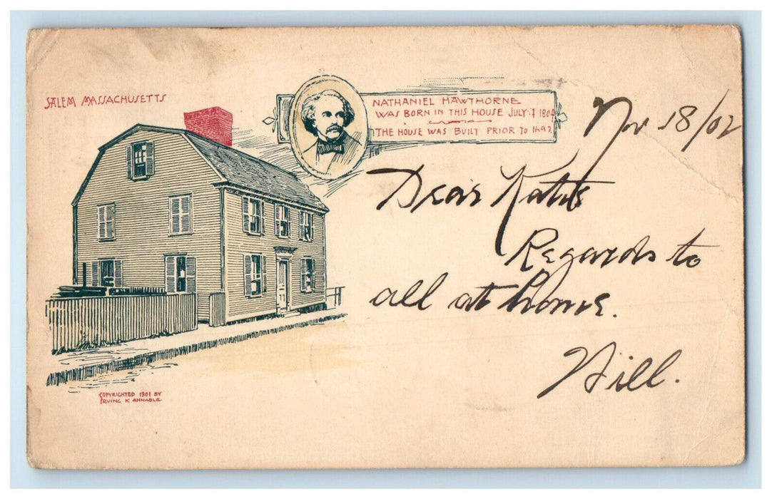 1902 Nathaniel Hawthorne Birthplace Salem Massachusetts MA PMC Postcard
