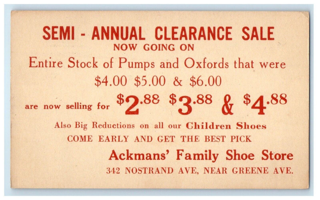 1926 Ackman's Family Shoe Store Annual Sale Brooklyn NY Advertising Postcard