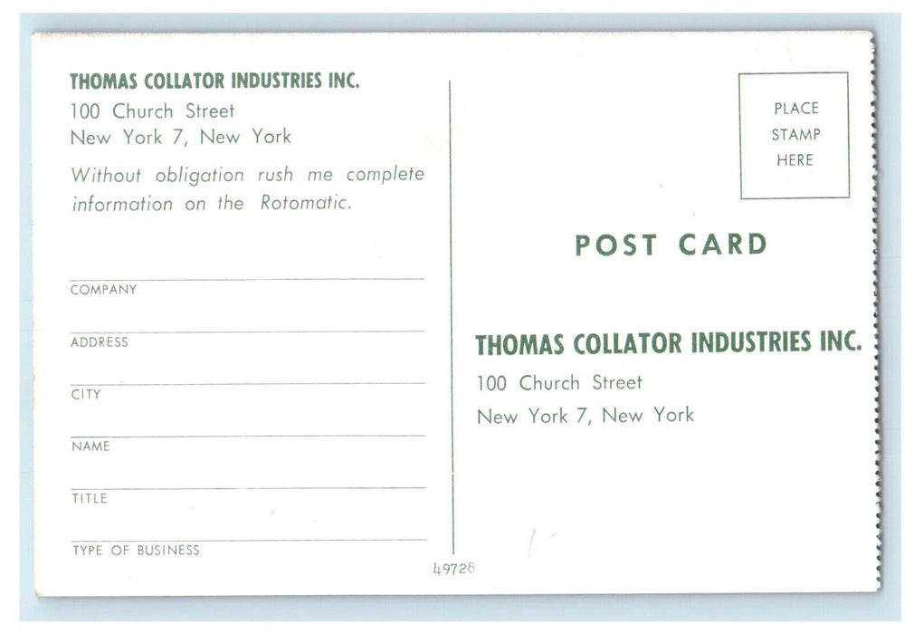 Thomas Collator Industries Inc. Interior New York 7 NY Advertising Postcard