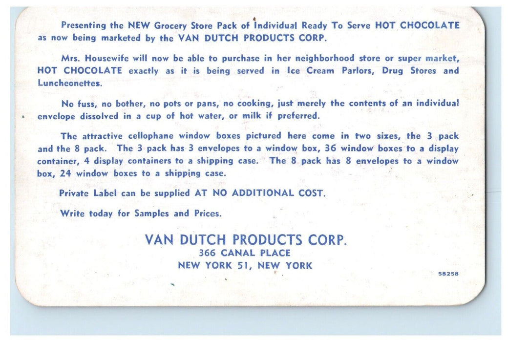 New York NY, Hot Chocolate Van Dutch Products Corp. Advertising Postcard