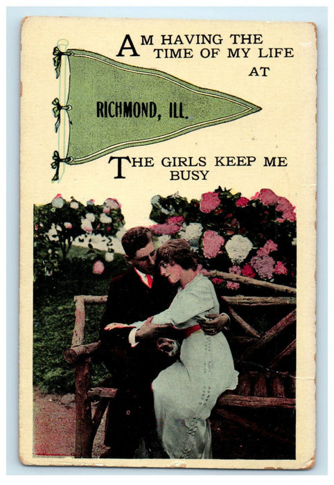 1916 The Girls Keep Me Busy Message, Lovers Scene, Richmond Illinois IL Postcard