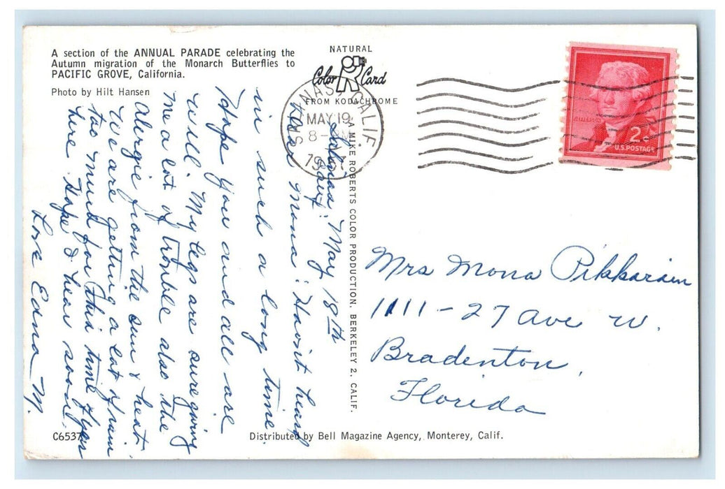 1957 Annual Parade Autumn Migration Butterflies Pacific Grove CA Postcard