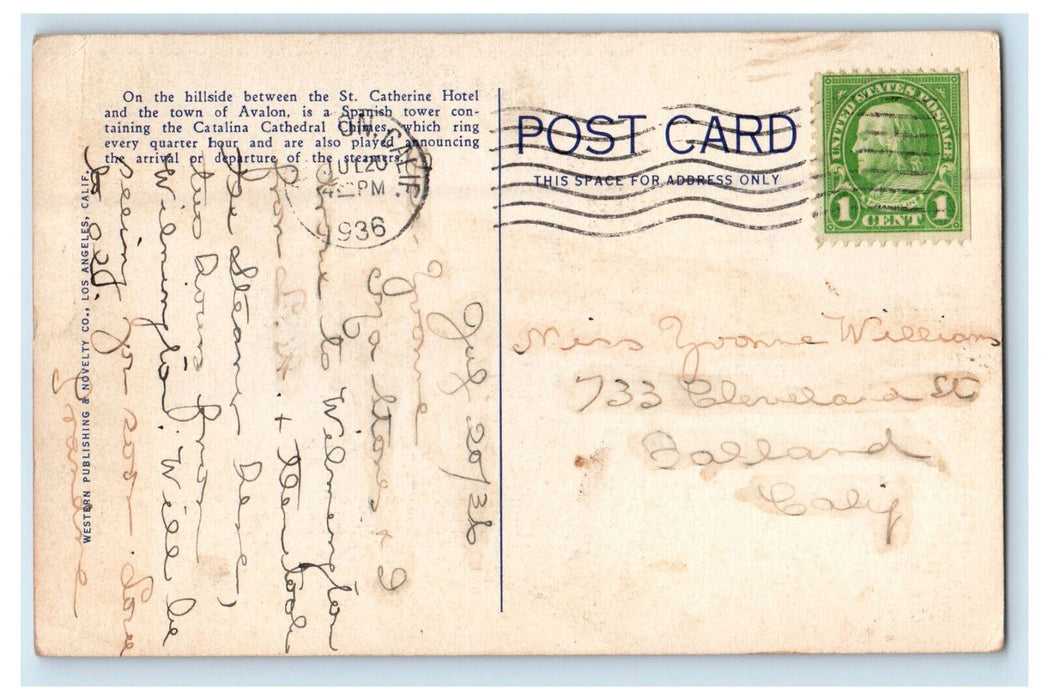 1936 Avalon and Bay from the Chimes Tower, Catalina Island CA Posted Postcard