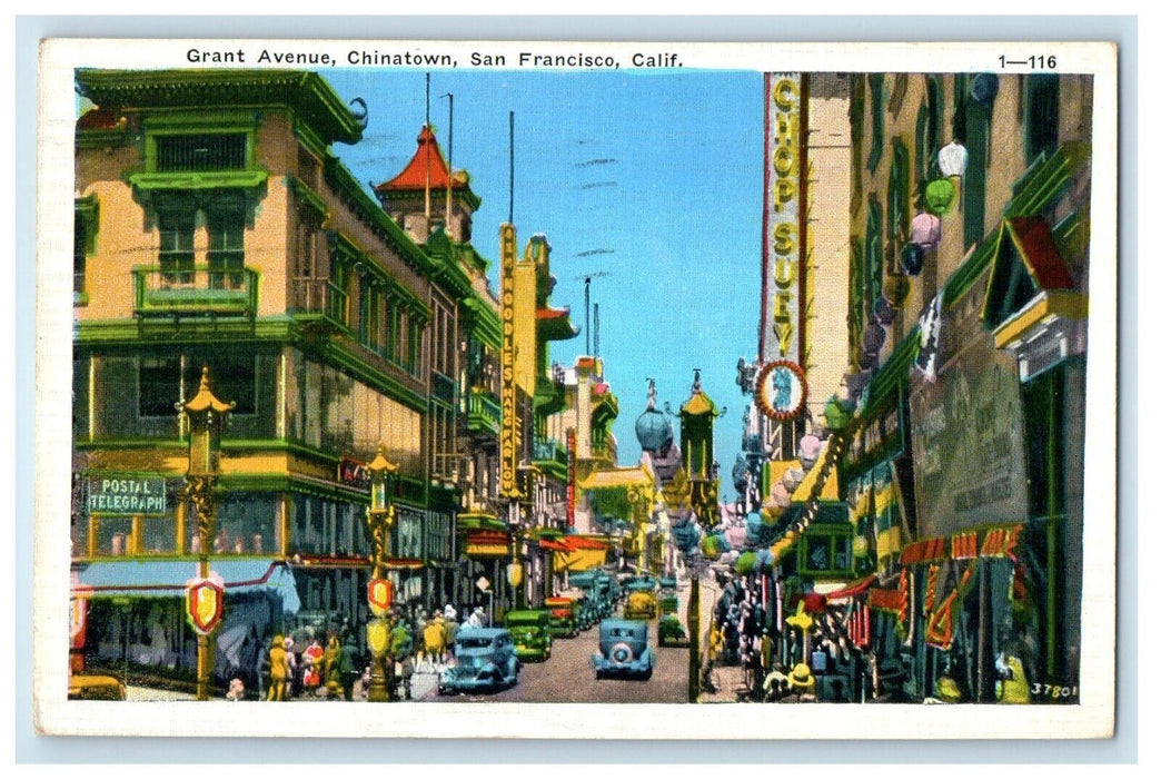 1936 Grant Avenue Chinatown Cars San Francisco California CA Vintage Postcard