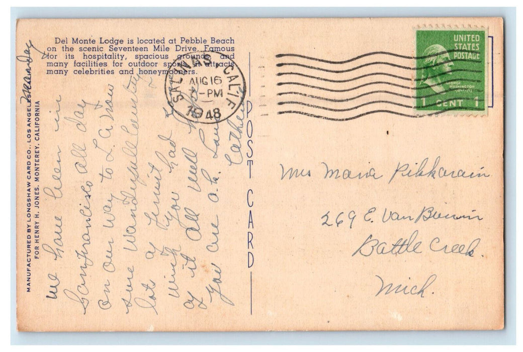 1948 Del Monte Lodge Near Monterey California CA Posted Postcard