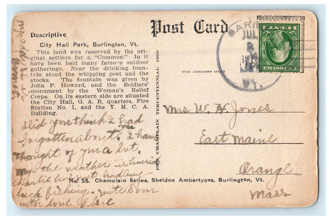 c1910s City Hall Park, Burlington Vermont VT Antique Posted Postcard