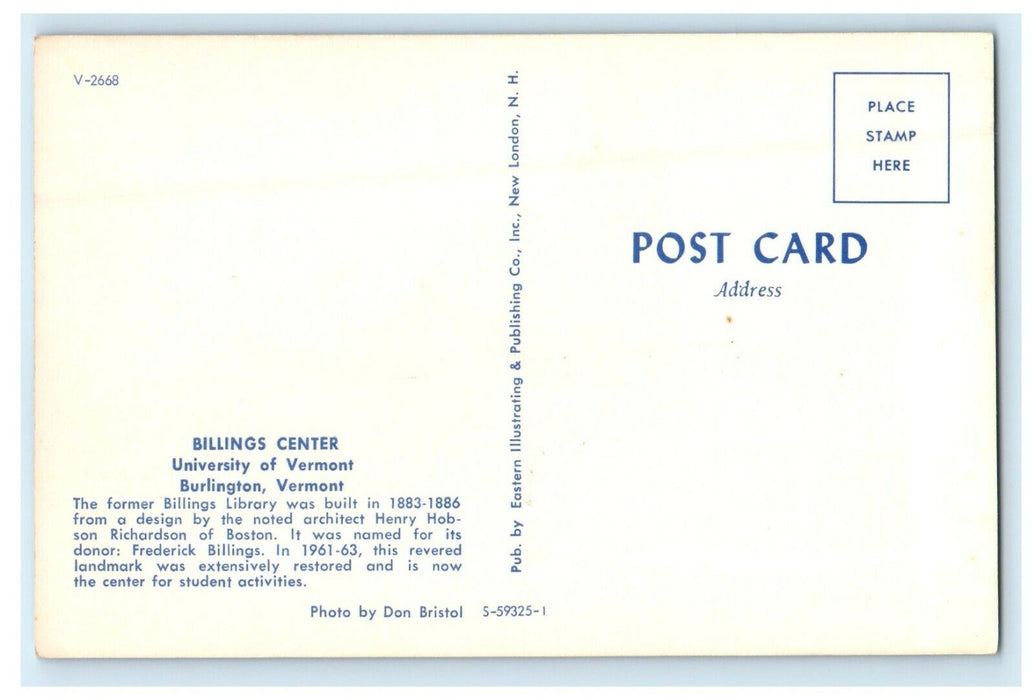 c1940's Billings Center University Of Vermont Burlington VT Antique Postcard