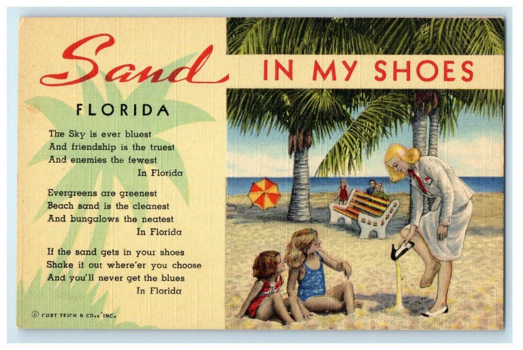 c1940's Sand In My Shoes Poem Palm Beach Florida FL Childrens And Lady Postcard
