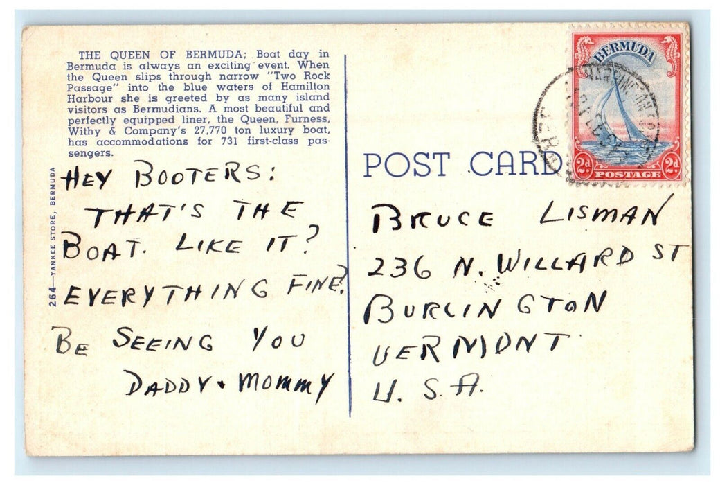 c1940's The Queen Of Bermuda Steamer Ship Posted Vintage Postcard