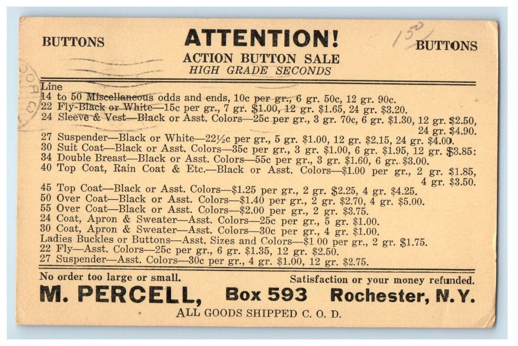 1937 Action Button Sale High Grade Seconds Rochester NY Advertising Postcard
