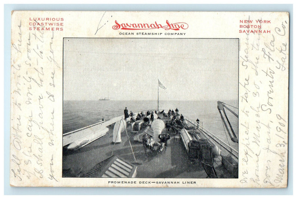 1909 Savannah Liner Promenade Deck New York Boston Savannah Postcard